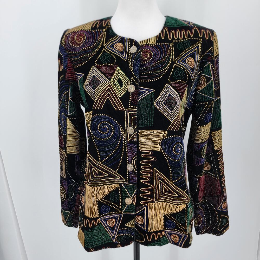 Gloria Lance Jacket Womens S Geometric Black Multicolor Button Front Vintage